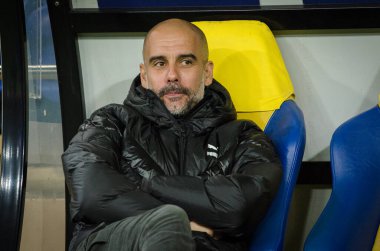 KHARKIV, UKRAINE - September 18, 2019: Pep Guardiola coach during the UEFA Champions League match between Shakhtar Donetsk vs Manchester City (England), Ukraine