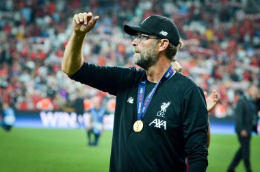 Istanbul, Turkey - August 14, 2019: Jurgen Klopp thanks fans for their support after the UEFA Super Cup Finals match between Liverpool and Chelsea at Vodafone Park, Turkey