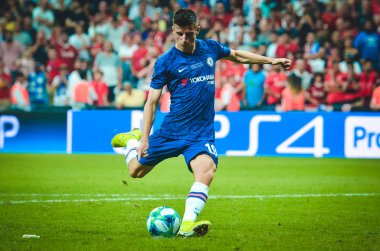 Istanbul, Turkey - August 14, 2019: Mason Mount shoot penalty during the UEFA Super Cup Finals match between Liverpool and Chelsea at Vodafone Park in Vodafone Arena, Turkey