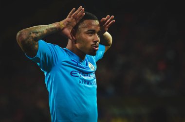 KHARKIV, UKRAINE - September 18, 2019: Portrait Gabriel Jesus celebrate goal scored close up during the UEFA Champions League match between Shakhtar vs Manchester City, Ukraine