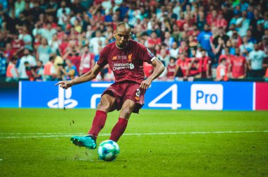 Istanbul, Turkey - August 14, 2019: Fabinho shoot penalty during the UEFA Super Cup Finals match between Liverpool and Chelsea at Vodafone Park in Vodafone Arena, Turkey