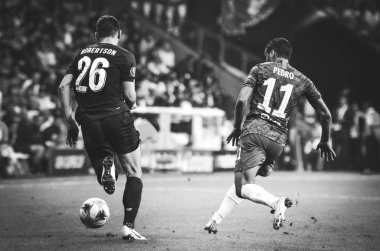 Istanbul, Turkey - August 14, 2019:  Andrew Robertson and Pedro during the UEFA Super Cup Finals match between Liverpool and Chelsea at Vodafone Park in Vodafone Arena, Turkey