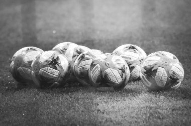 Istanbul, Turkey - August 14, 2019: The official soccer ball of the finals of the Super Cup during the UEFA Super Cup Finals match between Liverpool and Chelsea, Turkey