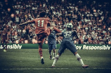 Istanbul, Turkey - August 14, 2019: Emerson and Mohamed Salah during the UEFA Super Cup Finals match between Liverpool and Chelsea at Vodafone Park, Turkey