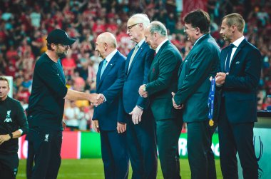 Istanbul, Turkey - August 14, 2019: Jurgen Klopp receives gold medals during the UEFA Super Cup Finals match between Liverpool and Chelsea at Vodafone Park in Vodafone Arena, Turkey