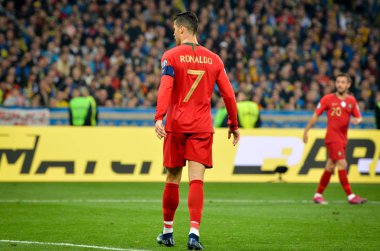 Kyiv, Ukrayna - 14 Ekim 2019: Uefa Euro 2020 ön eleme maçında Ukrayna milli takımı Ukrayna ile Ukrayna milli takımı arasında oynanan Cristiano Ronaldo