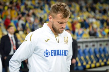 Kyiv, Ukrayna - 14 Ekim 2019: Uefa Euro 2020 ön eleme karşılaşmasında Ukrayna milli takımı Ukrayna milli takımı Ukrayna ile oynanan karşılaşmada Andrii Yarmolenko