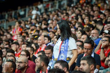 Istanbul, Turkey - August 14, 2019: Chelsea  Football fan girl during the UEFA Super Cup Finals match between Liverpool and Chelsea at Vodafone Park in Vodafone Arena, Turkey