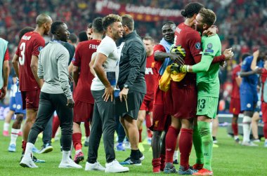 Istanbul, Turkey - August 14, 2019: Liverpool footballers celebrate victory in the UEFA Super Cup Finals match between Liverpool and Chelsea at Vodafone Park in Vodafone Arena, Turkey