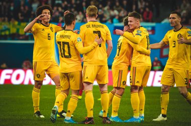 SAINT-PETERSBURG, RUSSIA - November 16, 2019: Belgium national team celebrate goal scored during UEFA EURO 2020 qualifying match between Russia against Belgium team, Russia