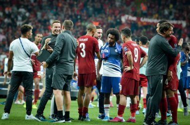 Istanbul, Turkey - August 14, 2019: Liverpool footballers celebrate victory in the UEFA Super Cup Finals match between Liverpool and Chelsea at Vodafone Park in Vodafone Arena, Turkey