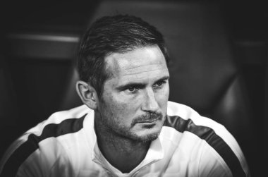 Istanbul, Turkey - August 14, 2019: Coach Frank Lampard with referee during the UEFA Super Cup Finals match between Liverpool and Chelsea at Vodafone Park in Vodafone Arena, Turkey
