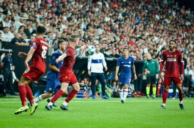 Istanbul, Turkey - August 14, 2019: Jordan Henderson and Mateo Kovacic during the UEFA Super Cup Finals match between Liverpool and Chelsea at Vodafone Park in Vodafone Arena, Turkey