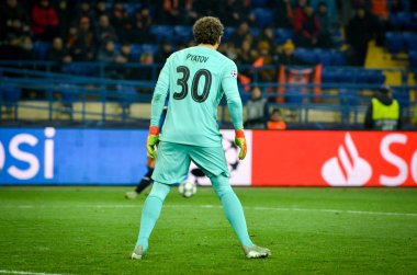 KHARKIV, UKRAINE - December 11, 2019: Pyatov player during the UEFA Champions League match between Shakhtar vs Atalanta Bergamasca Calcio BC (Italy), Ukraine