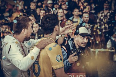 Kyiv, Ukrayna - 14 Ekim 2019: Taras Stepanenko Portekiz 'e karşı zaferini kutladı ve Uefa Euro 2020 ön eleme karşılaşması sırasında Euro 2020' de birinci oldu, Ukrayna