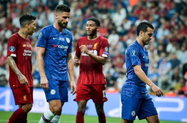 Istanbul, Turkey - August 14, 2019: Pedro and Olivier Giroud during the UEFA Super Cup Finals match between Liverpool and Chelsea at Vodafone Park in Vodafone Arena, Turkey
