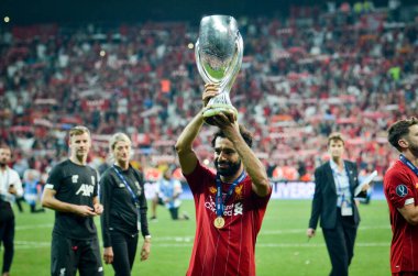 Istanbul, Turkey - August 14, 2019: Mohamed Salah celebrate with UEFA Super Cup 2019 at Vodafone Park in Vodafone Arena, Turkey