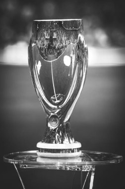 Istanbul, Turkey - August 14, 2019: Official 2019 UEFA Super Cup in Istanbul is on the pedestal during the UEFA Super Cup Finals match between Liverpool and Chelsea at Vodafone Park, Turkey