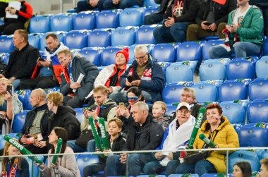 SAINT-PETERSBURG, RUSSIA - November 16, 2019: Football fans support their team during UEFA EURO 2020 qualifying match between national team Russia against Belgium, Russia