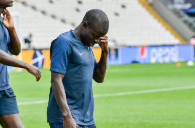 İstanbul, Türkiye - 14 Ağustos 2019: N 'Golo Kante ve Uefa Süper Kupası Finalleri öncesinde Vodafone Arena, Türkiye' deki Vodafone Park 'ta Liverpool ve Chelsea arasında oynanan antrenman oturumu
