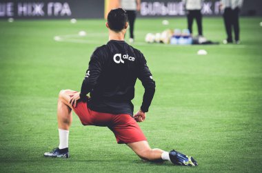 Kyiv, Ukrayna - 14 Ekim 2019: Uefa Euro 2020 ön eleme karşılaşmasında Ukrayna milli takımı Ukrayna ile Ukrayna milli takımı arasında oynanan karşılaşma sırasında Cristiano Ronaldo