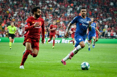 Istanbul, Turkey - August 14, 2019: Mohamed Salah and Emerson during the UEFA Super Cup Finals match between Liverpool and Chelsea at Vodafone Park in Vodafone Arena, Turkey