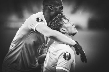 Lviv, Ukrayna - 28 Kasım 2019: Wout Weghorst, Uefa Avrupa Ligi 'nde İskenderiye - Wolfsburg (Almanya) - Ukrayna maçı sırasında atılan golü kutladı