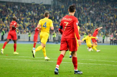 Kyiv, Ukrayna - 14 Ekim 2019: Uefa Euro 2020 ön eleme maçında Ukrayna milli takımı Ukrayna ile Ukrayna milli takımı arasında oynanan Cristiano Ronaldo