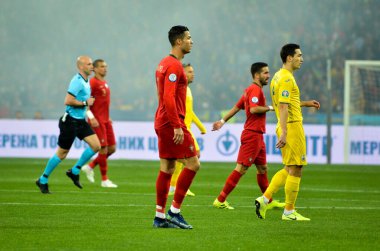 Kyiv, Ukrayna - 14 Ekim 2019: Uefa Euro 2020 ön eleme maçında Ukrayna milli takımı Ukrayna ile Ukrayna milli takımı arasında oynanan Cristiano Ronaldo