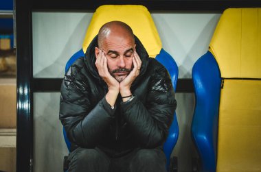 KHARKIV, UKRAINE - September 18, 2019: Pep Guardiola coach during the UEFA Champions League match between Shakhtar Donetsk vs Manchester City (England), Ukraine