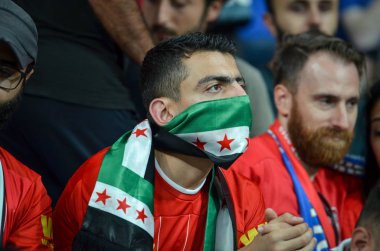 Istanbul, Turkey - August 14, 2019: Liverpool Football fans and spectators during the UEFA Super Cup Finals match between Liverpool and Chelsea at Vodafone Park in Vodafon Arena, Turkey