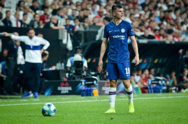 Istanbul, Turkey - August 14, 2019: Mason Mount player during the UEFA Super Cup Finals match between Liverpool and Chelsea at Vodafone Park in Vodafone Arena, Turkey