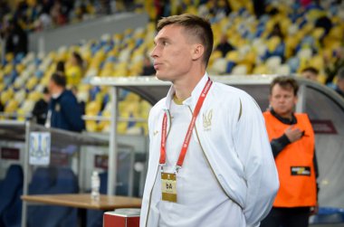 Kyiv, Ukrayna - 14 Ekim 2019: Uefa Euro 2020 ön eleme karşılaşmasında Serhii Sydorchuk, Ukrayna milli takımı Ukrayna milli takımı Ukrayna ile karşılaşacak.