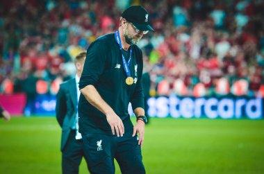 Istanbul, Turkey - August 14, 2019: Jurgen Klopp receives gold medals during the UEFA Super Cup Finals match between Liverpool and Chelsea at Vodafone Park in Vodafone Arena, Turkey