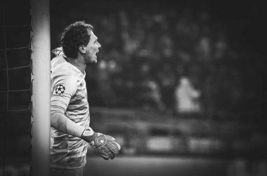 Kharkiv, Ukrayna - 11 Aralık 2019: Uefa Şampiyonlar Ligi maçında Andriy Pyatov, Shakhtar - Atalanta Bergamasca Calcio Bc (İtalya), Ukrayna
