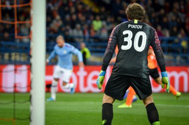 Kharkiv, Ukrayna - 18 Eylül 2019: Uefa Şampiyonlar Ligi maçında Pyatov oyuncusu Shakhtar Donetsk - Manchester City (İngiltere), Ukrayna