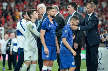 Istanbul, Turkey - August 14, 2019: FootChelsea football players received silver medals r after the UEFA Super Cup Finals match between Liverpool and Chelsea at Vodafone Park, Turkey