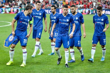 Istanbul, Turkey - August 14, 2019: Line up Chelsea Football player and general photo during the UEFA Super Cup Finals match between Liverpool and Chelsea at Vodafone Park, Turkey