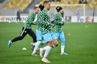 Lviv, Ukrayna - 28 Kasım 2019: Uefa Avrupa Ligi karşılaşmasında Jeffrey Bruma oyuncusunun antrenman oturumu Alexandria vs Wolfsburg (Almanya), Ukrayna