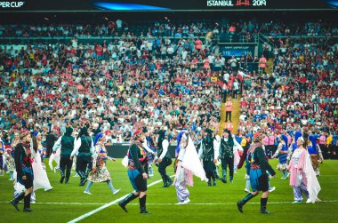 Istanbul, Turkey - August 14, 2019:  Officially opened with a colorful ceremony  UEFA Super Cup Finals match between Liverpool and Chelsea at Vodafone Park in Vodafone Arena, Turkey