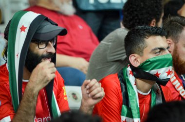 Istanbul, Turkey - August 14, 2019: Liverpool Football fans and spectators during the UEFA Super Cup Finals match between Liverpool and Chelsea at Vodafone Park in Vodafon Arena, Turkey