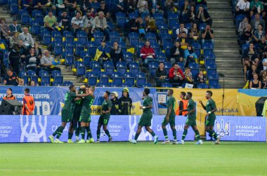DNIPRO, UKRAINE - September 10, 2019: Nigeria national team celebrate goal scored during the friendly match between national team Ukraine against Nigeria national team, Ukraine