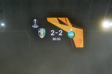 LVIV, UKRAINE - November 07, 2019: Scoreboard in the fog with draw score during the UEFA Europa League match between Alexandria (Ukraine) vs AS Saint Etienne (France), Ukraine
