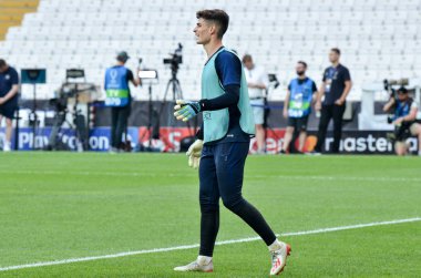 İstanbul, Türkiye - 14 Ağustos 2019: Kepa Arrizabalaga ve Uefa Süper Kupası Finalleri öncesinde Vodafone Arena, Türkiye 'deki Vodafone Park' ta Liverpool ve Chelsea arasında oynanan antrenman oturumu