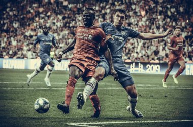 Istanbul, Turkey - August 14, 2019: Sadio Mane and Andreas Christensen during the UEFA Super Cup Finals match between Liverpool and Chelsea at Vodafone Park in Vodafone Arena, Turkey