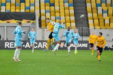 Lviv, Ukrayna - 28 Kasım 2019: Alexandria (Ukrayna) ile Wolfsburg (Almanya), Ukrayna arasındaki Uefa Avrupa Ligi maçı sırasında Marcel Tisserand oyuncusu