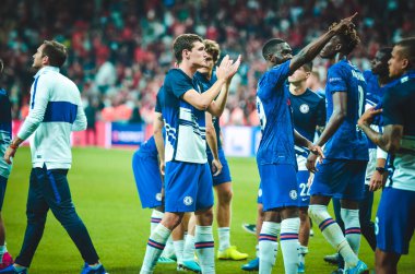 Istanbul, Turkey - August 14, 2019: Chelsea Football player thanks fans or their support during the UEFA Super Cup Finals match between Liverpool and Chelsea at Vodafone Park, Turkey