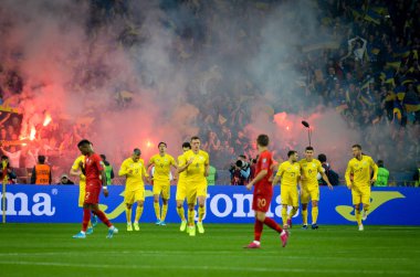Kyiv, Ukrayna - 14 Ekim 2019: Uefa Euro 2020 ön eleme maçında Ukrayna milli takımı Ukrayna ile Portekiz, Ukrayna maçında atılan golü kutladı