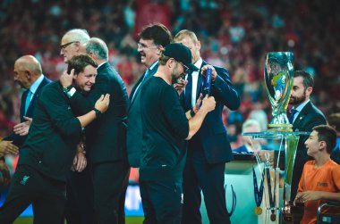 Istanbul, Turkey - August 14, 2019: Jurgen Klopp receives gold medals during the UEFA Super Cup Finals match between Liverpool and Chelsea at Vodafone Park in Vodafone Arena, Turkey