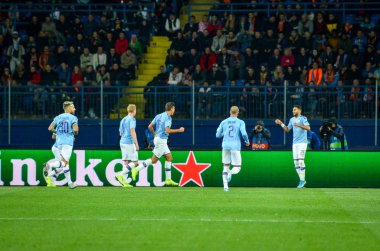 KHARKIV, UKRAINE - September 18, 2019: Manchester City player celebrate goal scored during the UEFA Champions League match between Shakhtar vs Manchester City, Ukraine